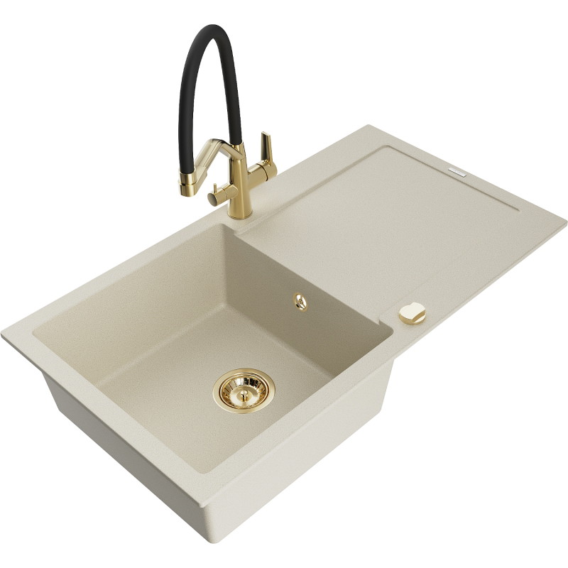 Mexen Leo Granitspüle ein Becken mit Abtropffläche und Küchenarmatur Duo, beige - 6501-69-671701-57-G