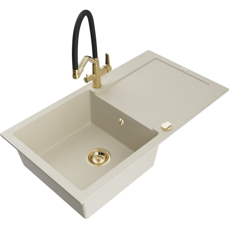 Mexen Leo Granitspüle 1-Becken mit Abtropffläche und Küchenarmatur Duo, beige - 6501-69-671701-57-G