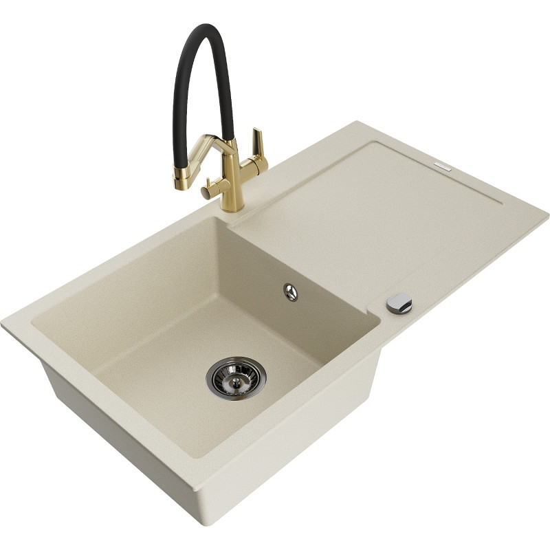 Mexen Leo Granitspüle 1-Becken mit Abtropffläche und Küchenarmatur Duo, beige - 6501-69-671701-57-B