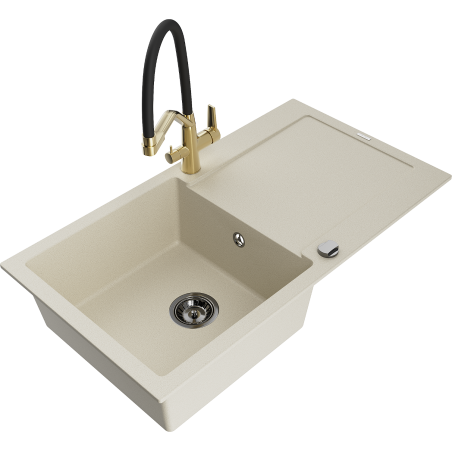 Mexen Leo Granitspüle 1-Becken mit Abtropffläche und Küchenarmatur Duo, beige - 6501-69-671701-57-B
