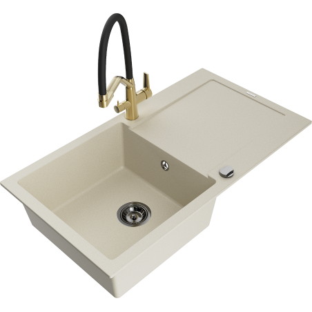 Mexen Leo Granitspüle 1-Schüssel mit Abtropffläche und Duo-Küchenarmatur, beige - 6501-69-671701-57-B