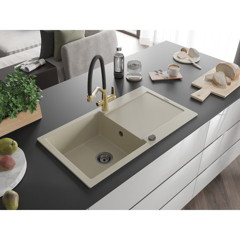 Mexen Leo Granitspüle 1-Schüssel mit Abtropffläche und Duo-Küchenarmatur, beige - 6501-69-671701-57-B
