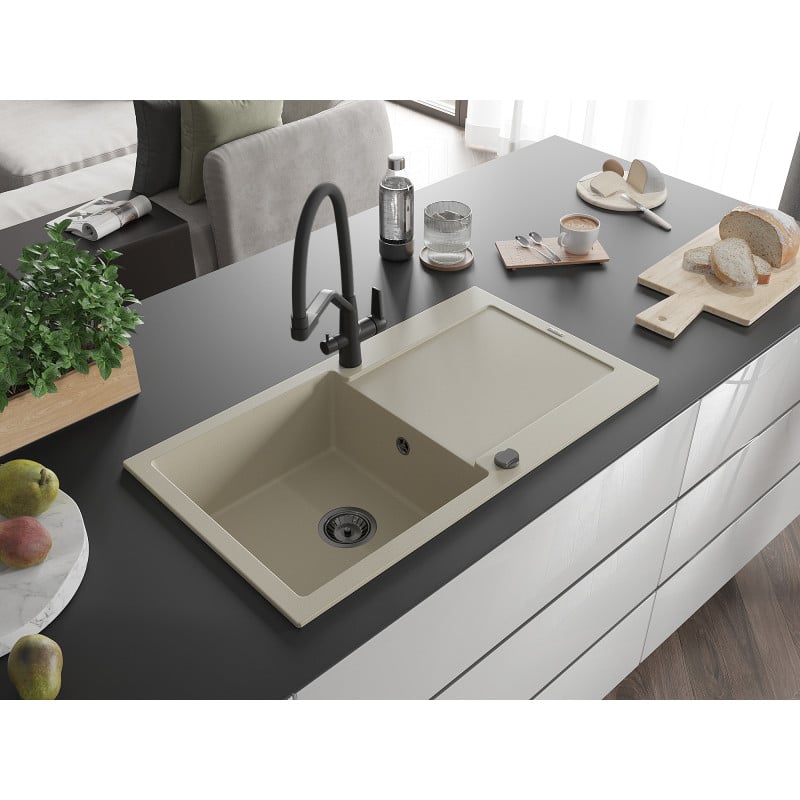 Mexen Leo Granitspüle 1-becken mit Abtropffläche und Küchenarmatur Duo, beige - 6501-69-671701-70-B