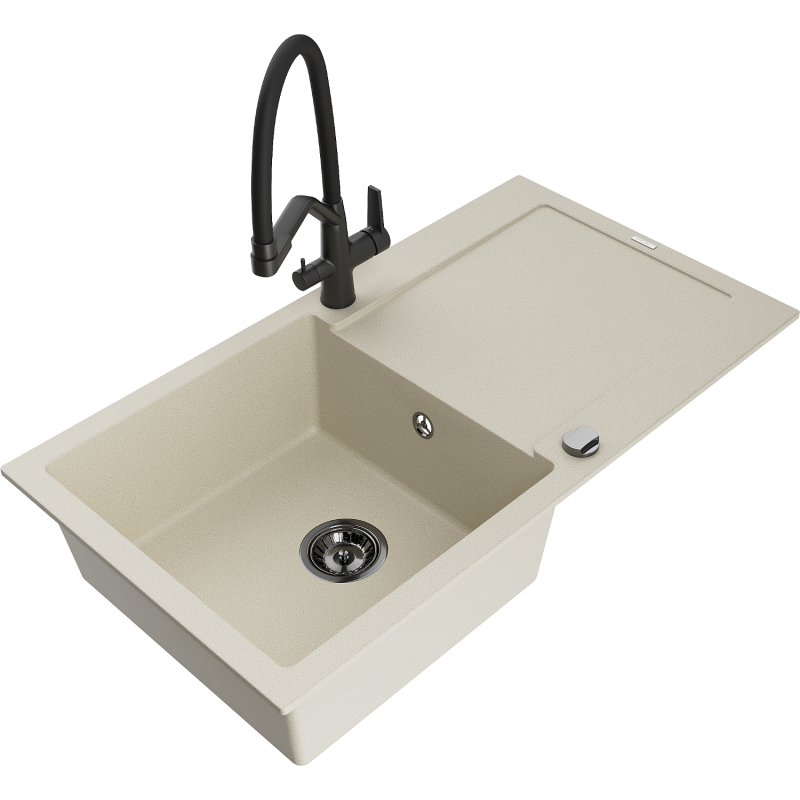 Mexen Leo Granitspüle 1-becken mit Abtropffläche und Küchenarmatur Duo, beige - 6501-69-671701-70-B