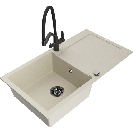 Mexen Leo Granitspüle 1-becken mit Abtropffläche und Küchenarmatur Duo, beige - 6501-69-671701-70-B