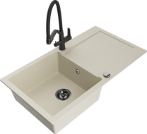 Mexen Leo Granitspüle 1-becken mit Abtropffläche und Küchenarmatur Duo, beige - 6501-69-671701-70-B