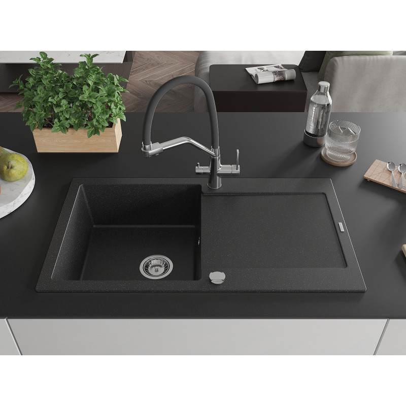 Mexen Leo Granitspüle, 1-beckig mit Abtropffläche und Küchenarmatur Duo, schwarz/silber metallic - 6501-73-671701-07
