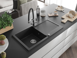 Mexen Leo Granitspüle, 1-beckig mit Abtropffläche und Küchenarmatur Duo, schwarz/silber metallic - 6501-73-671701-07