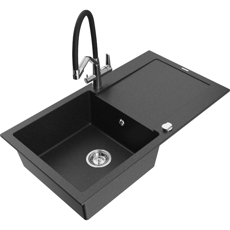 Mexen Leo Granit-Spüle 1-Becken mit Abtropffläche und Küchenarmatur Duo, schwarz/silber metallic - 6501-73-671701-07