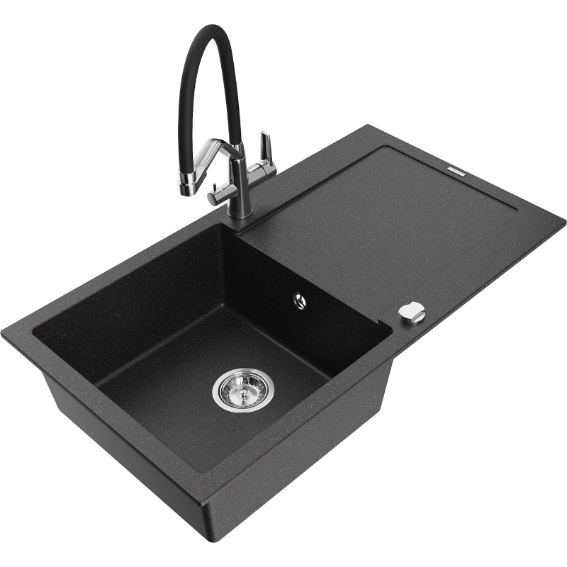 Mexen Leo Granitspüle, 1-beckig mit Abtropffläche und Küchenarmatur Duo, schwarz/silber metallic - 6501-73-671701-07