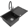 Mexen Leo Granitspüle, 1-beckig mit Abtropffläche und Küchenarmatur Duo, schwarz/silber metallic - 6501-73-671701-07