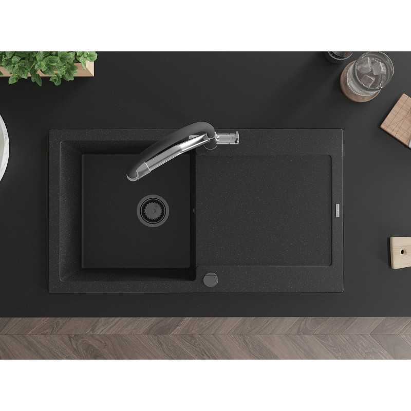Mexen Leo Granitspüle 1-Becken mit Abtropffläche und Küchenarmatur Duo, schwarz/silber metallic - 6501-73-671701-07-B