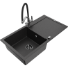 Mexen Leo Granitspüle 1-Becken mit Abtropffläche und Küchenarmatur Duo, schwarz/silber metallic - 6501-73-671701-07-B