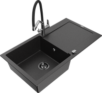 Mexen Leo Granitspüle 1-Becken mit Abtropffläche und Küchenarmatur Duo, schwarz/silber metallic - 6501-73-671701-07-B