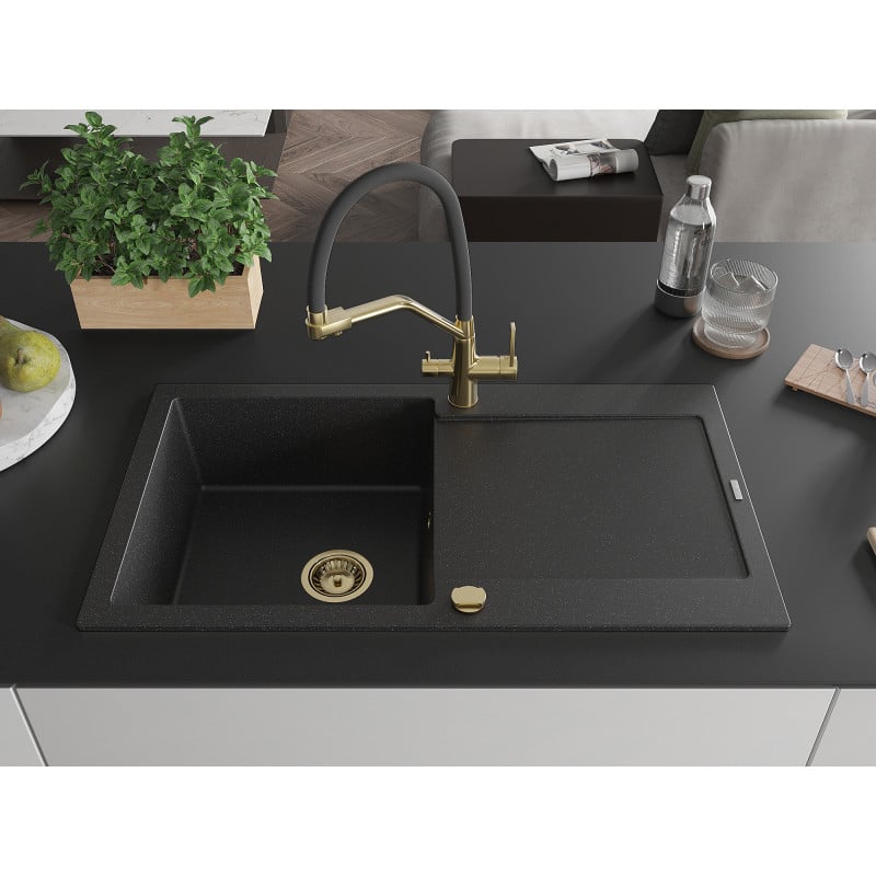 Mexen Leo Granitspüle 1-beckig mit Abtropffläche und Küchenarmatur Duo, schwarz/silbermetallic - 6501-73-671701-57-G