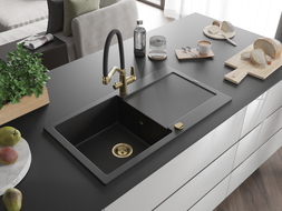 Mexen Leo Granitspüle 1-beckig mit Abtropffläche und Küchenarmatur Duo, schwarz/silbermetallic - 6501-73-671701-57-G