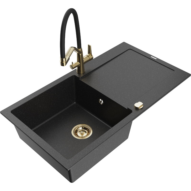 Mexen Leo Granitspüle mit 1 Becken, Abtropffläche und Küchenarmatur Duo, schwarz/silber-metallic - 6501-73-671701-57-G