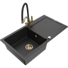 Mexen Leo Granitspüle mit 1 Becken, Abtropffläche und Küchenarmatur Duo, schwarz/silber-metallic - 6501-73-671701-57-G