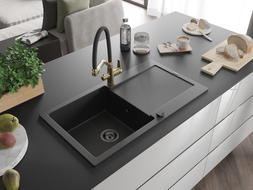 Mexen Leo Granitspüle 1-becken mit Abtropffläche und Küchenarmatur Duo, Schwarz/Silber Metallic - 6501-73-671701-57-B