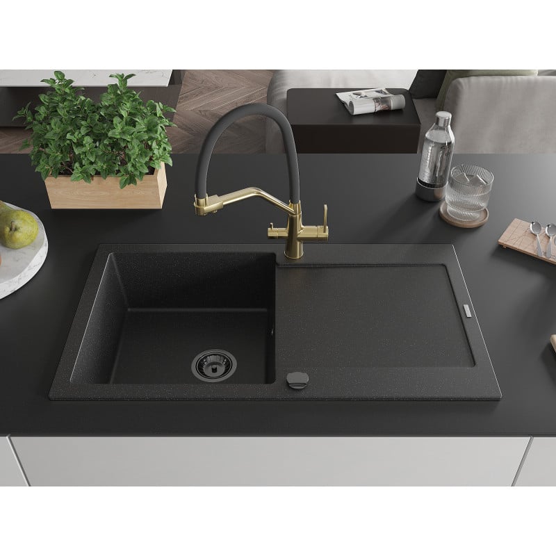 Mexen Leo Granitspüle 1-becken mit Abtropffläche und Küchenarmatur Duo, Schwarz/Silber Metallic - 6501-73-671701-57-B