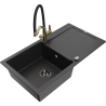 Mexen Leo Granitspüle 1-becken mit Abtropffläche und Küchenarmatur Duo, Schwarz/Silber Metallic - 6501-73-671701-57-B