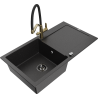 Mexen Leo Granitspüle 1-beckig mit Abtropffläche und Küchenarmatur Duo, schwarz/silber metallic - 6501-73-671701-57-B
