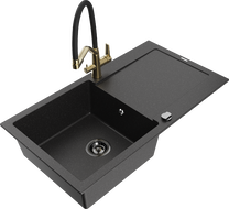 Mexen Leo Granitspüle 1-becken mit Abtropffläche und Küchenarmatur Duo, Schwarz/Silber Metallic - 6501-73-671701-57-B