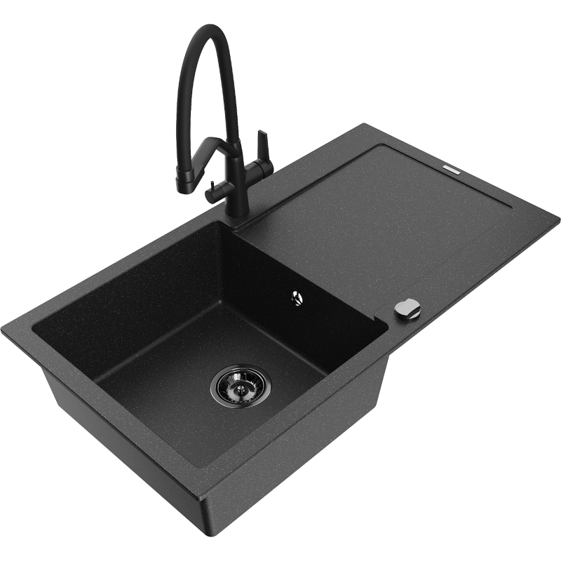 Mexen Leo Granitspüle 1-Becken mit Abtropffläche und Duo Küchenarmatur, Schwarz/Silber-Metallic - 6501-73-671701-70-B