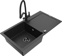 Mexen Leo Granitspüle 1-Becken mit Abtropffläche und Duo Küchenarmatur, Schwarz/Silber-Metallic - 6501-73-671701-70-B