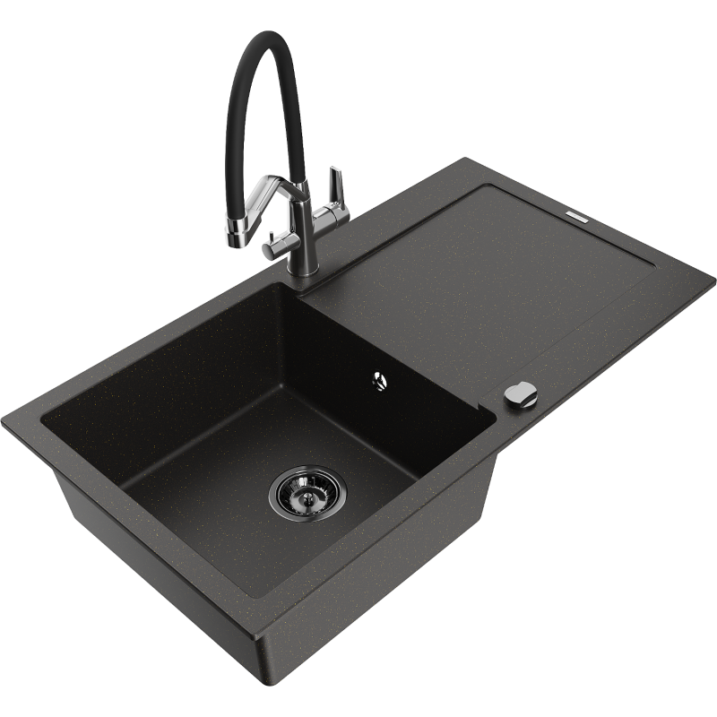 Mexen Leo Granitspüle 1-becken mit Abtropffläche und Küchenarmatur Duo, schwarz/gold metallic - 6501-75-671701-07-B