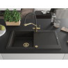 Mexen Leo Granitspüle 1-Becken mit Abtropffläche und Küchenarmatur Duo, schwarz/goldener Metallic - 6501-75-671701-57-G