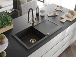 Mexen Leo Granitspüle 1-Becken mit Abtropffläche und Küchenarmatur Duo, schwarz/gold metallic - 6501-75-671701-57-G