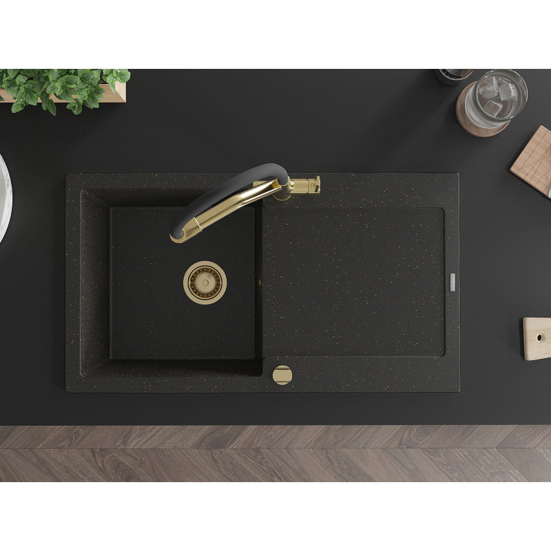 Mexen Leo Granitspüle 1-Becken mit Abtropffläche und Küchenarmatur Duo, schwarz/gold metallic - 6501-75-671701-57-G