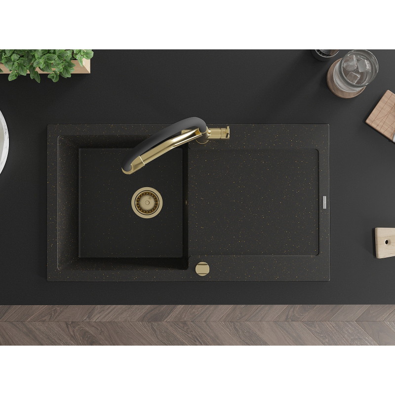 Mexen Leo Granitspüle 1-Becken mit Abtropffläche und Küchenarmatur Duo, schwarz/goldener Metallic - 6501-75-671701-57-G