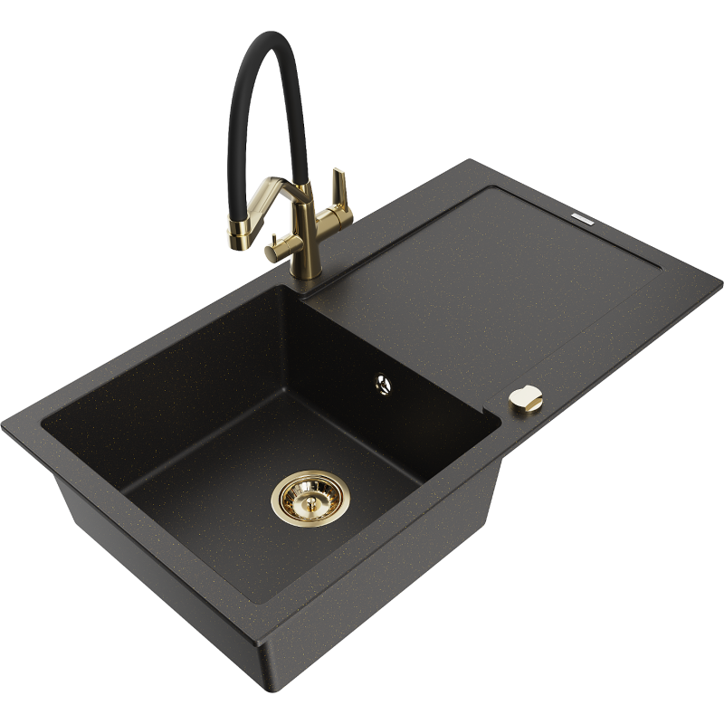 Mexen Leo Granitspüle 1-Becken mit Abtropffläche und Küchenarmatur Duo, schwarz/gold metallic - 6501-75-671701-57-G