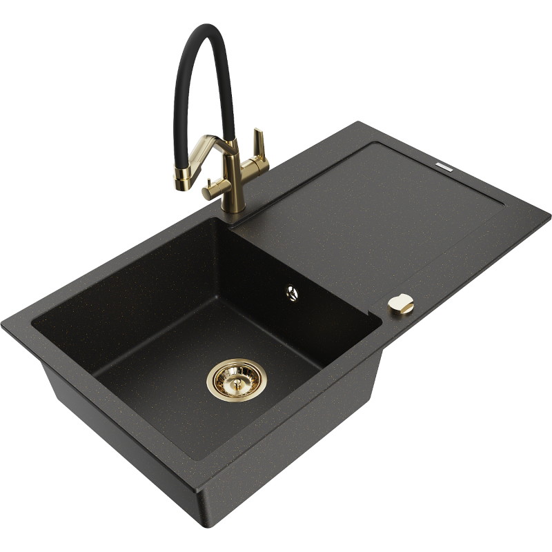 Mexen Leo Granitspüle 1-Becken mit Abtropffläche und Küchenarmatur Duo, schwarz/goldener Metallic - 6501-75-671701-57-G