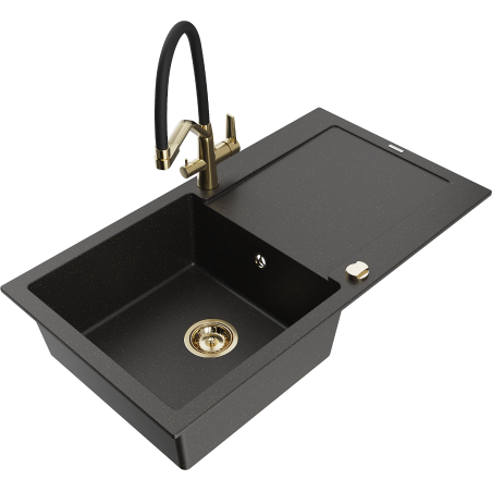 Mexen Leo Granitspüle 1-Becken mit Abtropffläche und Küchenarmatur Duo, schwarz/gold metallic - 6501-75-671701-57-G
