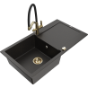 Mexen Leo Granitspüle 1-Becken mit Abtropffläche und Küchenarmatur Duo, schwarz/gold metallic - 6501-75-671701-57-G