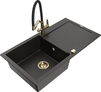 Mexen Leo Granitspüle 1-Becken mit Abtropffläche und Küchenarmatur Duo, schwarz/gold metallic - 6501-75-671701-57-G