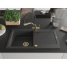 Mexen Leo Einzelbecken-Granitspüle mit Ablage und Küchenarmatur Duo, schwarz gesprenkelt - 6501-76-671701-57-G