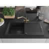 Mexen Leo Granitspüle 1-Becken mit Abtropffläche und Küchenarmatur Duo, schwarz - 6501-77-671701-57-B