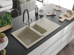 Mexen Matias Granitspüle 1,5-Kammern mit Abtropffläche und Küchenarmatur Duo, beige - 6502-69-671701-07