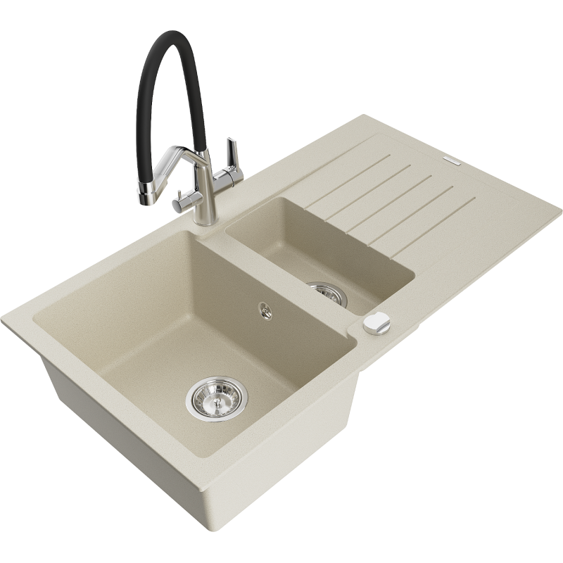 Mexen Matias Granitspüle 1,5-Kammern mit Abtropffläche und Küchenarmatur Duo, beige - 6502-69-671701-07