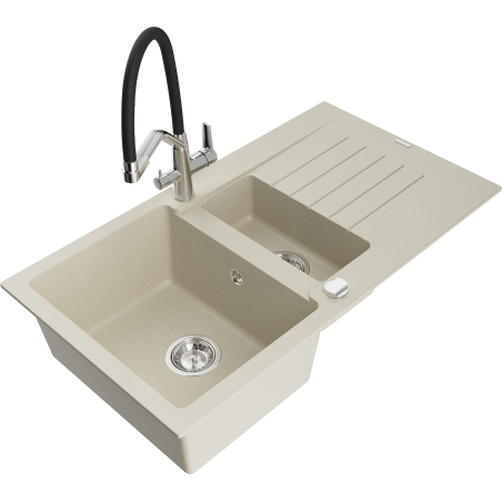 Mexen Matias Granitspüle 1,5-Kammern mit Abtropffläche und Küchenarmatur Duo, beige - 6502-69-671701-07