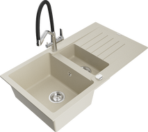 Mexen Matias Granitspüle 1,5-Kammern mit Abtropffläche und Küchenarmatur Duo, beige - 6502-69-671701-07