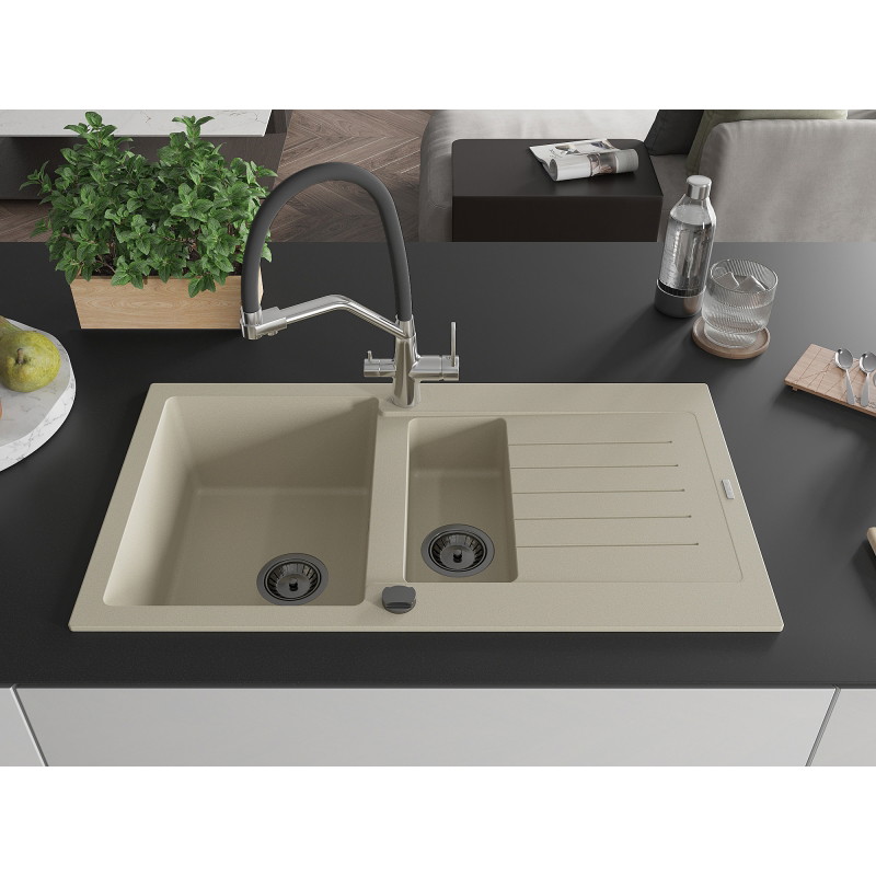 Mexen Matias granitspüle 1,5-becken mit abtropffläche und küchenarmatur Duo, beige - 6502-69-671701-07-B
