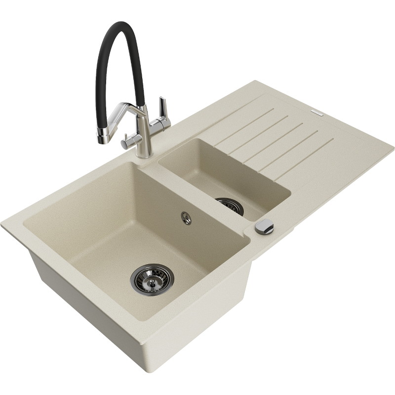 Mexen Matias Granitspüle 1,5-beckig mit Abtropffläche und Küchenarmatur Duo, beige - 6502-69-671701-07-B