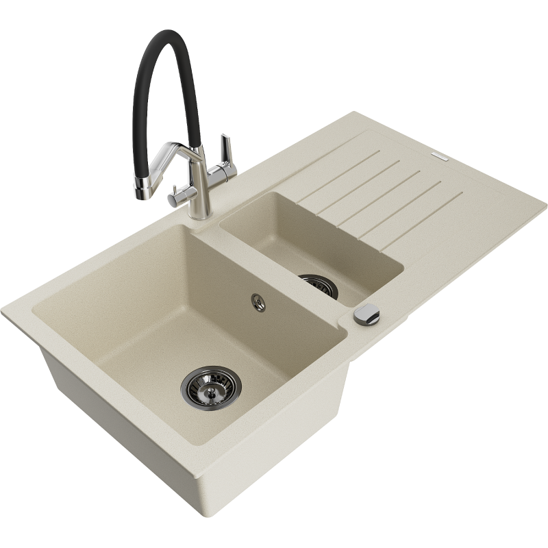 Mexen Matias Granitspüle 1,5-Kammer mit Abtropffläche und Küchenarmatur Duo, beige - 6502-69-671701-07-B
