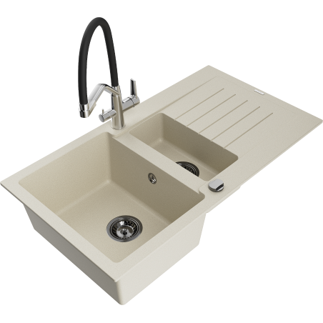 Mexen Matias granitspüle 1,5-becken mit abtropffläche und küchenarmatur Duo, beige - 6502-69-671701-07-B