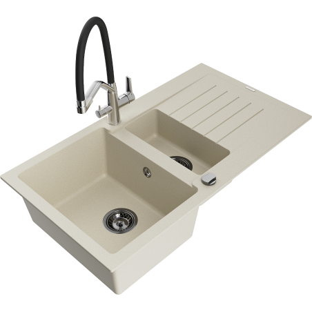 Mexen Matias Granitspüle 1,5-Kammer mit Abtropffläche und Küchenarmatur Duo, beige - 6502-69-671701-07-B